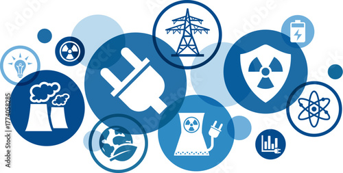 Nuclear / atomic energy vector. Blue concept with icons related to electricity generation, power plant or thermal power station, clean / sustainable or green energy, fusion or fission technology.