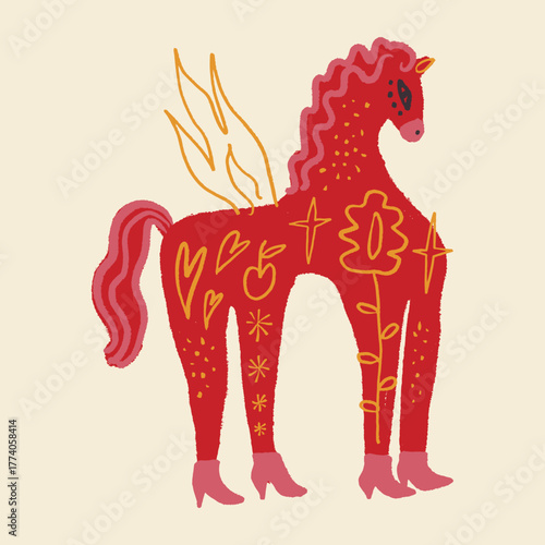 Night red fire horse symbol 2026 vector and jpg clipart file image, editable isolated details. Flat funny childish art in cartoon minimalist nursery Scandinavian style, baby fairytale stylish