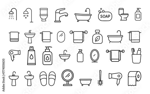Collection of bathroom-themed icons in line art style — bathtub, towel, toothbrush, toilet brush, hair dryer, soap bar, towel hanger, perfume bottle, bathroom slippers and shampoo bottle