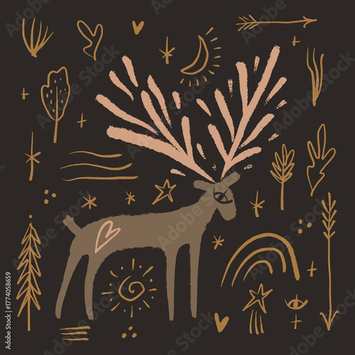 Boho tribal celestial ornate moose character vector hand drawn illustration. Modern folk patterned Norwegian woodland fauna with horns north animal in Scandinavian style. Floral Slovak ornamental