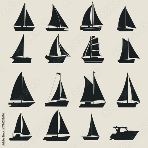 Set of elegant sailboat silhouettes arranged in grid composition, showcasing diverse sail styles and hull designs, black and white vector artwork for ocean, yacht, and nautical projects