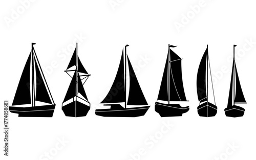 Silhouette collection of sailboats in a row with unique sail shapes and sizes, nautical marine vessels illustration on white background for ocean, travel, and water adventure designs