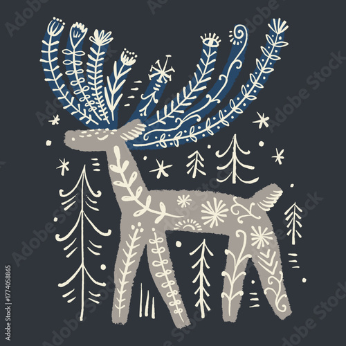 Boho tribal celestial ornate moose character vector hand drawn illustration. Modern folk patterned Norwegian woodland fauna with horns north animal in Scandinavian style. Floral Slovak ornamental
