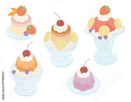 Cute dessert colletion white background. Gelatine dessert vector