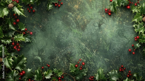 A textured green background framed by holly leaves and red berries. The scene evokes a festive atmosphere, suitable for holiday themes. horizontal banner, copy space, free space for text