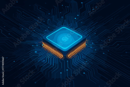 Glowing blue computer microchip with circuits radiating outward on a dark background, illustrating technology and electronics concepts.