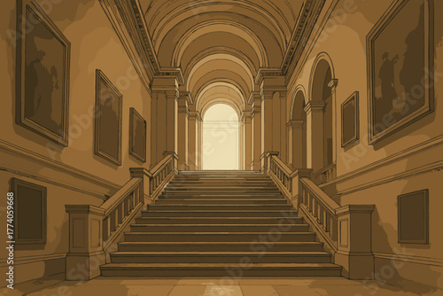 Grand interior view of a historic staircase with tall arches and framed artwork on the walls, leading to a bright opening.