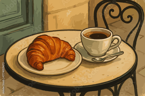 A freshly baked croissant sits on a white plate beside a steaming cup of coffee, placed on a round table in a charming outdoor café setting.