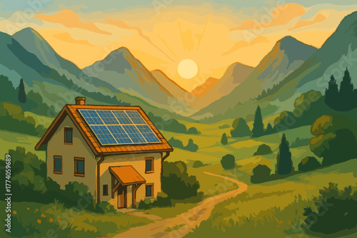 Charming countryside house with solar panels on the roof, nestled in a picturesque valley surrounded by mountains at sunset.