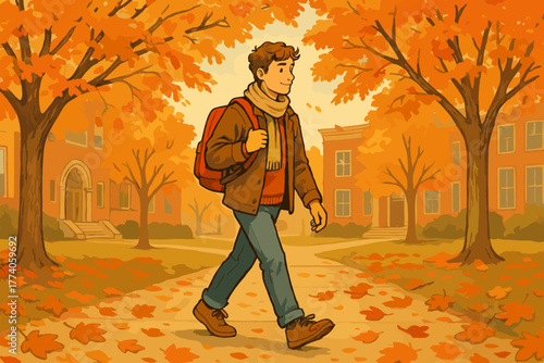 Young caucasian male walking through an autumnal college campus, surrounded by vibrant orange leaves and holding a backpack.