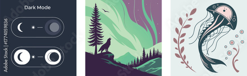 Dark mode toggle aurora wolf jellyfish switch moon