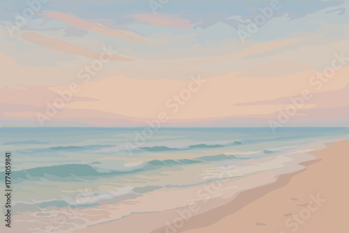 Serene pastel-colored illustration of a tranquil beach scene with gentle waves lapping the sandy shore under a softly hued sunset sky.