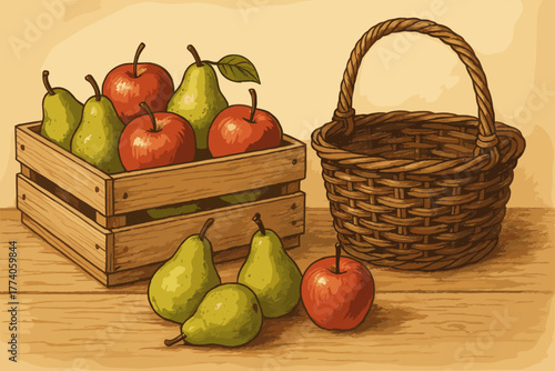 A wooden crate filled with red apples and green pears sits beside an empty wicker basket, with additional fruits arranged on a wooden table.
