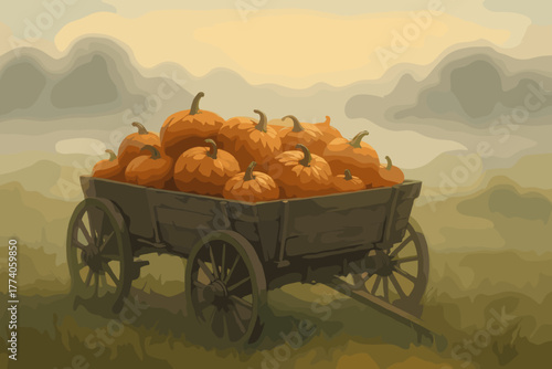 A wooden cart loaded with bright orange pumpkins sits in a misty field, surrounded by a soft, muted sky.