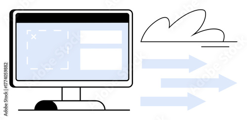 Monitor displaying a user interface with data flow to the cloud. Ideal for cloud computing, software development, analytics, digital workflow, data sharing, hosting, simple flat metaphor