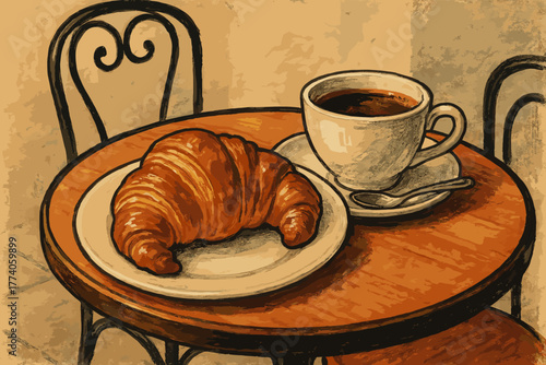 A steaming cup of coffee paired with a golden, flaky croissant on a wooden table with elegant wrought iron chair backs.