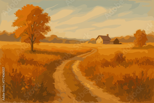 A serene autumn landscape with a winding dirt path leading to a distant house, bordered by golden fields and a prominent orange-leaved tree under a soft blue sky.