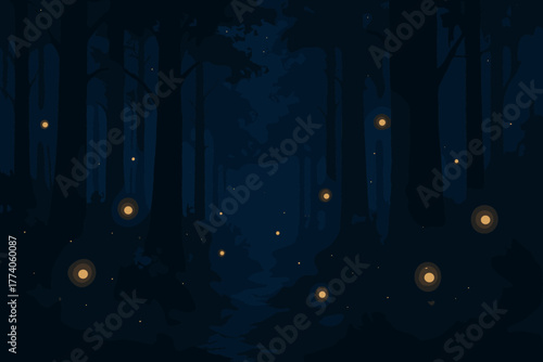 Dark forest illuminated by a scattering of glowing fireflies at night, creating an enchanting and mysterious atmosphere.