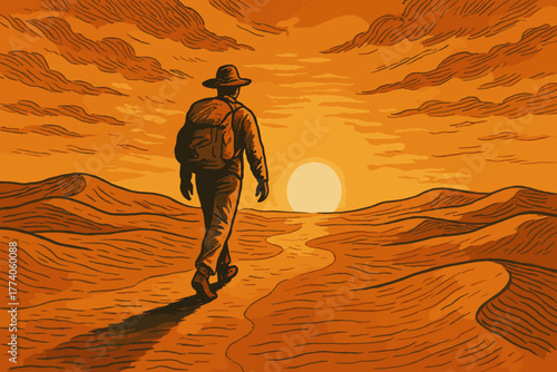 A solitary male figure in a hat and backpack walks through stylized desert sand dunes towards a setting sun, surrounded by swirling clouds.