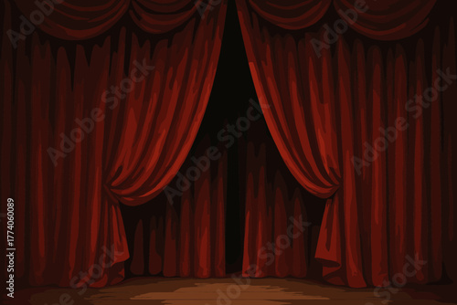 Luxurious red theater curtains elegantly drawn to the sides, creating an inviting atmosphere for a captivating performance.