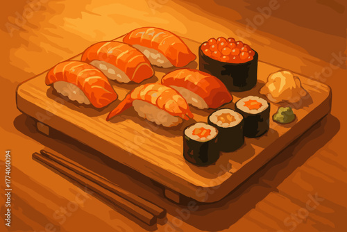 Assorted sushi platter featuring nigiri with salmon, rolls with fish roe, and accompanying ginger and wasabi on a wooden board.