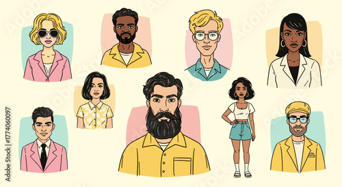Diverse group of illustrated characters including multiple ethnicities and ages, featuring males and females with varied hairstyles and clothing styles.