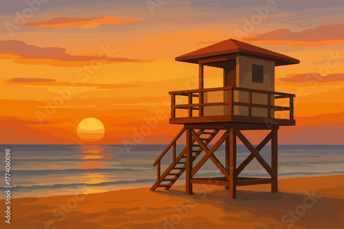 Wooden lifeguard tower stands on a sandy beach, silhouetted against a vibrant orange sunset over the ocean.