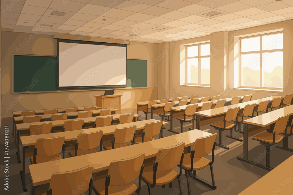 Fototapeta premium Empty classroom with rows of wooden desks and chairs facing a projector screen and a blackboard under warm interior lighting.