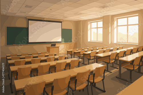 Empty classroom with rows of wooden desks and chairs facing a projector screen and a blackboard under warm interior lighting.