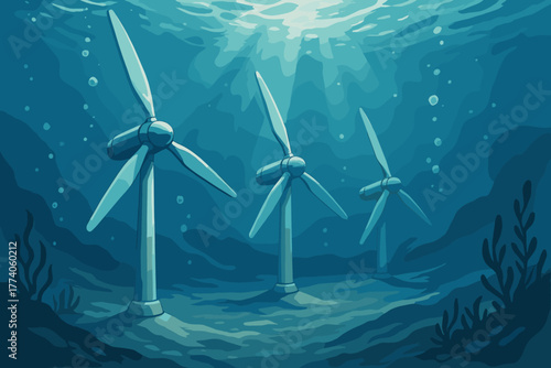 Submerged ocean wind turbines generating renewable energy underwater with beams of sunlight penetrating through the sea.