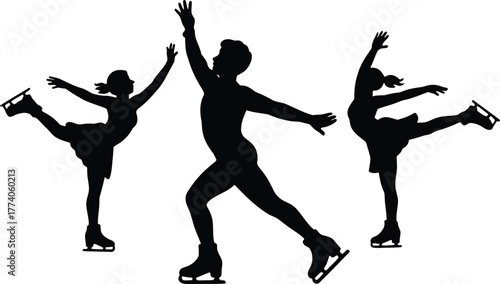 Figure skating silhouettes athletes mixed group professional winter sport training jump vector