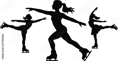 Figure skating poses female athlete silhouettes winter sport motion action training vector graphic