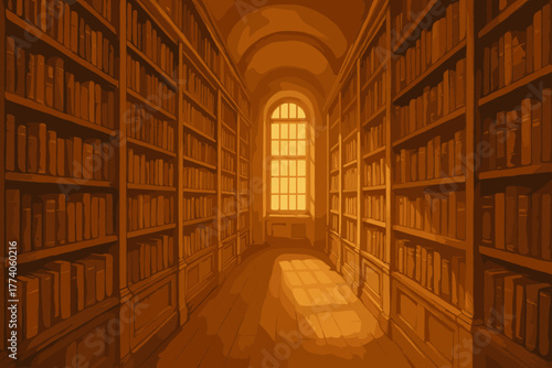 Warmly lit library corridor with tall wooden bookshelves lined with numerous books, and a large arched window casting a golden glow on the wooden floor.