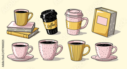A collection of various coffee cups and travel mugs in different styles and colors, alongside stacked books, illustrating a coffee and reading theme.