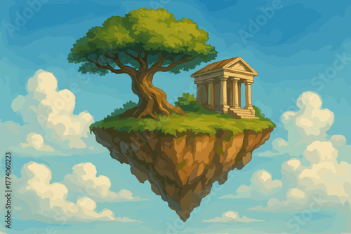 A majestic ancient temple stands beside a large tree atop a floating island, set against a backdrop of vibrant blue skies and fluffy white clouds.