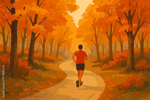 A solitary male figure jogs along a winding path surrounded by vibrant autumn foliage in a forest setting.