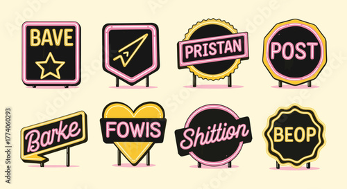 Eight vibrant retro-style neon signs displaying various nonsensical words and symbols, each with colorful outlines and unique shapes.