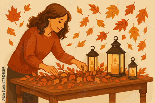Young adult caucasian female arranging autumn leaves and lanterns on a table, surrounded by falling orange leaves in a cozy indoor setting.