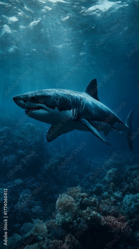 Obraz premium A massive great white shark with rough scarred skin swims next to a vibrant coral reef.