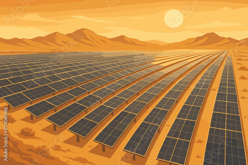 Expansive rows of solar panels in a desert landscape with mountains and a setting sun in the background.