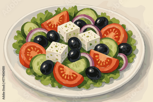 A plate of greek salad featuring sliced tomatoes, cucumbers, olives, red onion rings, and cubes of feta cheese on a bed of lettuce.