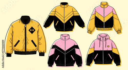 Stylish collection of colorful bomber jackets and hoodies with geometric designs, featuring yellow and pink accents on a neutral background.
