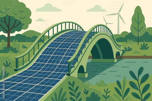 Solar panel-covered arched bridge spanning a river in a lush green landscape with wind turbines in the background, symbolizing renewable energy integration.
