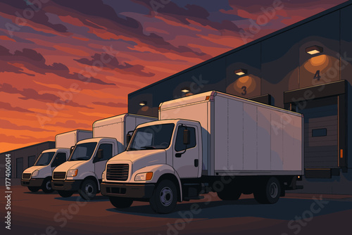 Row of white delivery trucks parked outside a distribution warehouse at sunset, with overhead lights casting warm reflections on the vehicles.