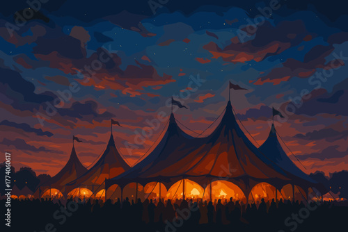 Large circus tents illuminated from within under a vibrant sunset sky, with silhouettes of people gathered around the entrance.