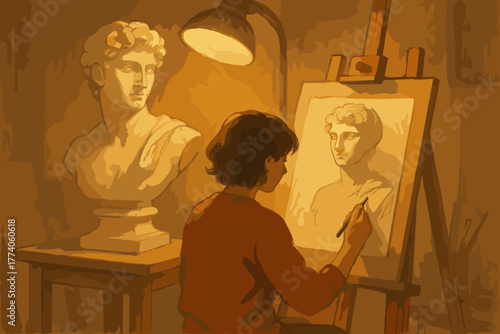 Young caucasian male artist drawing a detailed sketch of a classical statue in a warmly lit art studio.