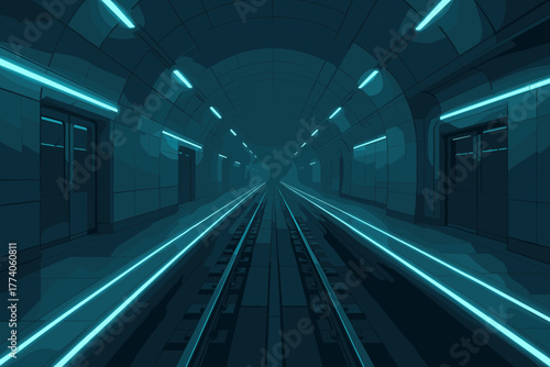 Futuristic neon-lit underground subway tunnel with illuminated tracks and symmetrical arching ceiling.