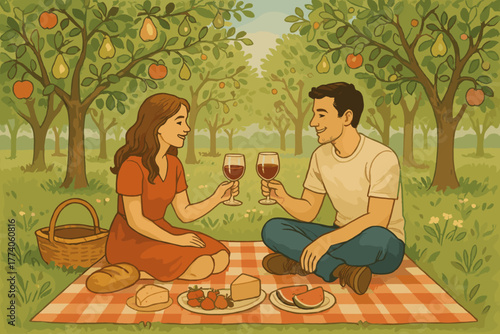 Young caucasian couple enjoying a picnic with wine and food in a lush orchard filled with fruit-bearing trees.