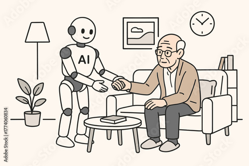 A humanoid robot wearing an ai-labeled shirt assists an elderly caucasian male sitting on a sofa in a cozy living room setting.