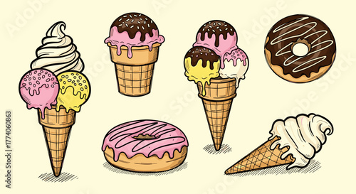 Various colorful ice cream cones and donuts with pink and chocolate glaze, combining scoops and soft serve styles.